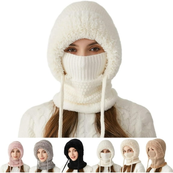 3 in 1 Beanie Hat for Women, Womens Balaclava Winter, Cold Knitted Hats Wind Resistant Hooded Scarf, Thick Plush-Lined