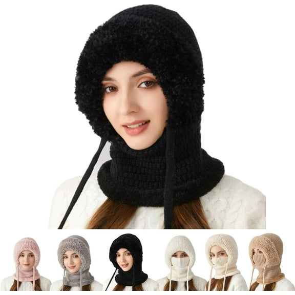 3 in 1 Beanie Hat for Women, Womens Balaclava Winter, Cold Knitted Hats Wind Resistant Hooded Scarf, Thick Plush-Lined