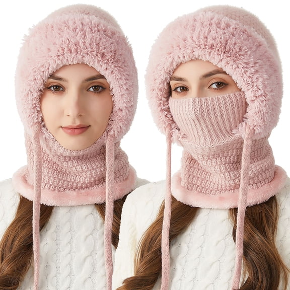 3 in 1 Beanie Hat for Women, Womens Balaclava Winter, Cold Knitted Hats Wind Resistant Hooded Scarf, Thick Plush-Lined
