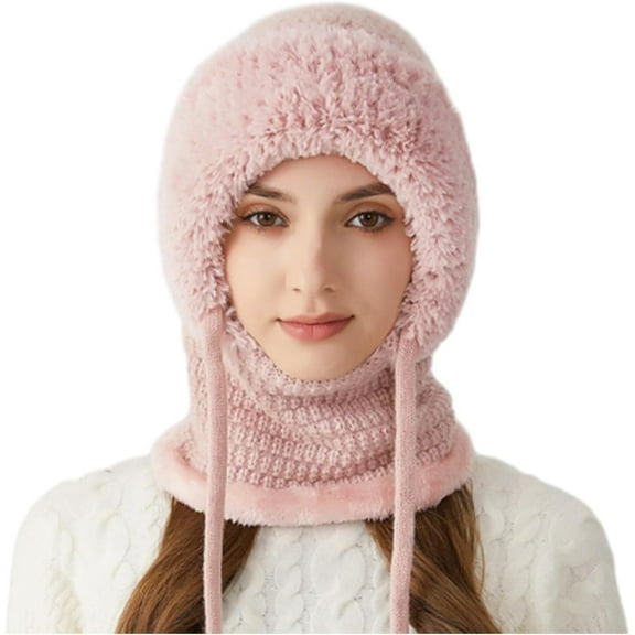 3 in 1 Beanie Hat for Women, Womens Balaclava Winter, Cold Knitted Hats Wind Resistant Hooded Scarf, Thick Plush-Lined