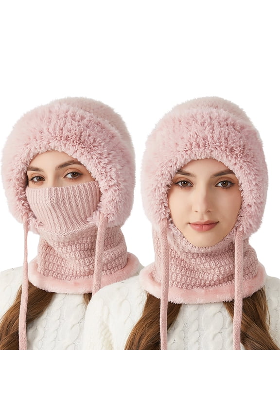 3 in 1 Beanie Hat for Women, Womens Winter, Cold Knitted Hats Wind Resistant Hooded Scarf, Thick Plush-Lined Pink Free