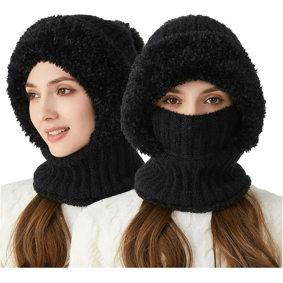 3 in 1 Beanie Hat for Women with Scarf and Mask, Adjustable Drawstring Plush Lined Winter Hat, Windproof Cold Resistant Hooded Scarf