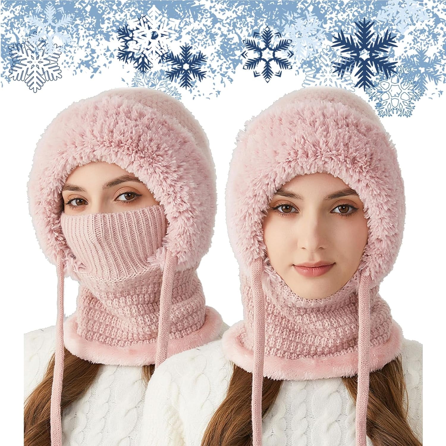 3 in 1 Beanie Hat with Scarf & Mask, Women's Winter One-Piece Knitted Balaclava