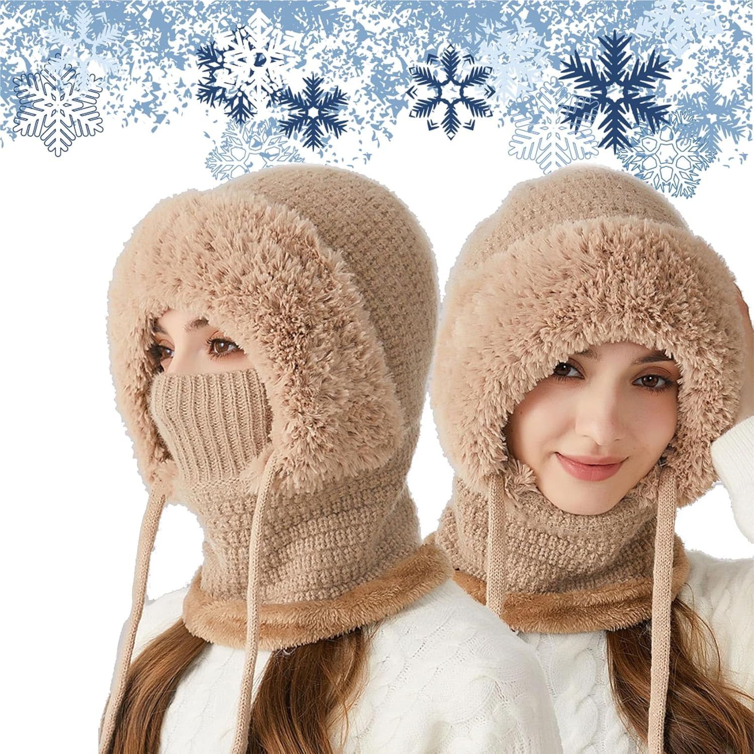 3 in 1 Beanie Hat with Scarf & Mask, Women's Winter One-Piece Knitted Balaclava
