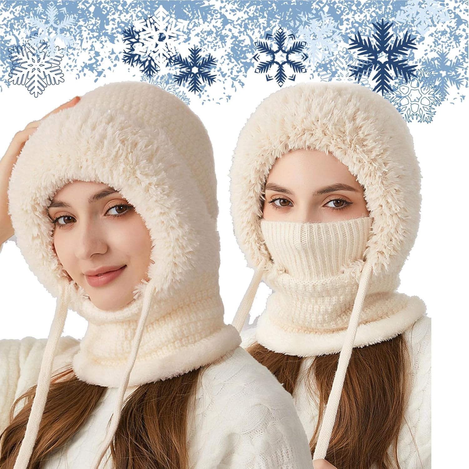 3 in 1 Beanie Hat with Scarf & Mask, Women's Winter One-Piece Knitted Balaclava