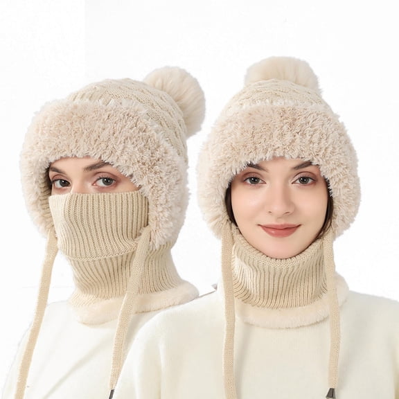 3-in-1 Beanie Hat with Scarf & Mask for Women, Warm Neck Warmer Sets Thick Soft Knitted Beanie for Cold Weather