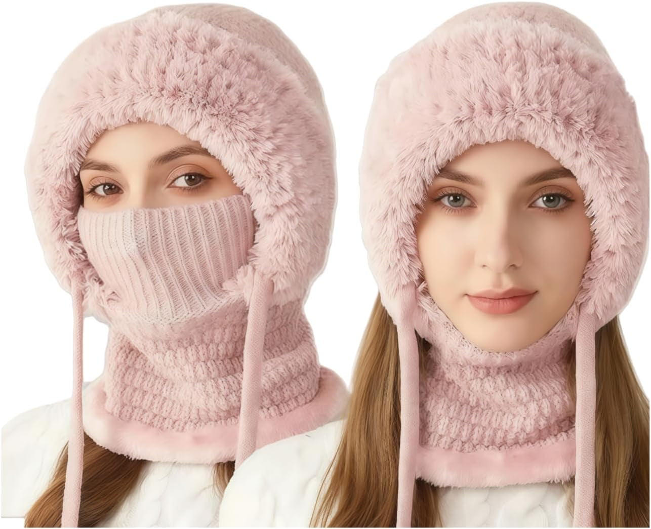 3 in 1 Beanie Hat with Scarf & Mask for Women, Windproof Balaclava for Outdoor Activities