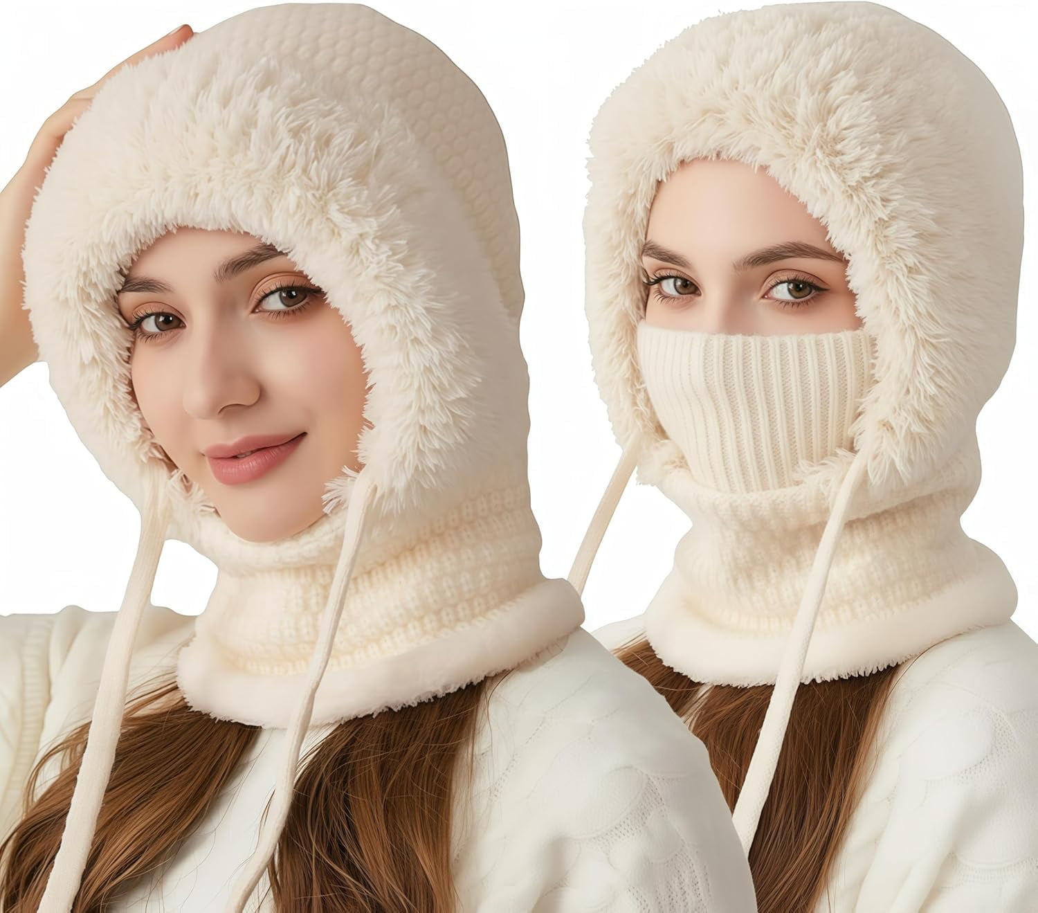 3 in 1 Beanie Hat with Scarf & Mask for Women, Windproof Balaclava for Outdoor Activities