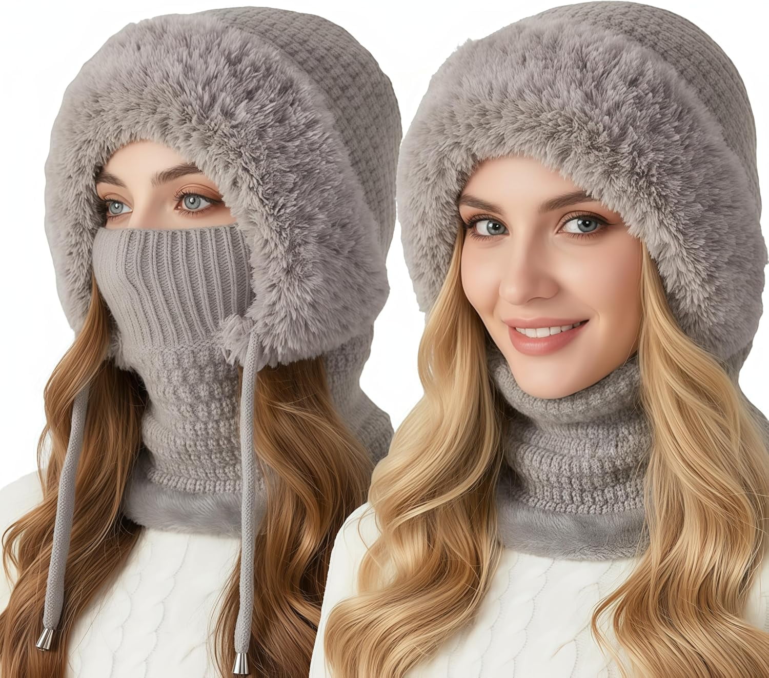 3 in 1 Beanie Hat with Scarf & Mask for Women, Windproof Balaclava for Outdoor Activities