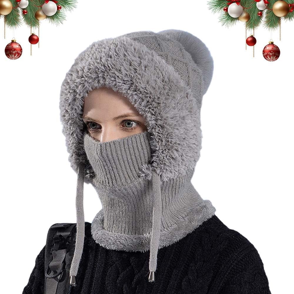 3 in 1 Beanie Hat with Scarf & Mask for Women, Windproof Fleece Thermal Neck Gaiter for Skiing Running Cycling