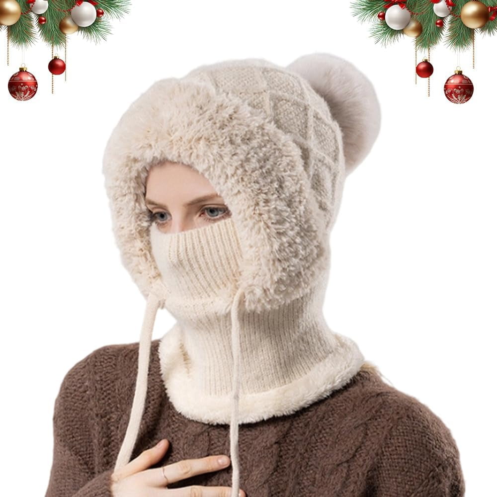 3 in 1 Beanie Hat with Scarf & Mask for Women, Windproof Fleece Thermal Neck Gaiter for Skiing Running Cycling