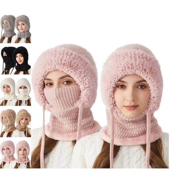 3 in 1 Beanie Hat with Scarf and Mask, 3 in 1 Beanie Hat for Women Fall Winter Warm Knitted Windproof Scarf Pink Free