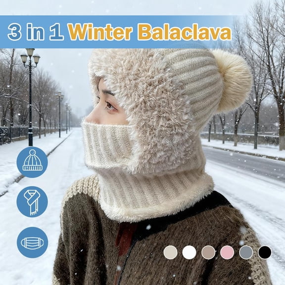 3 in 1 Beanie Hat with Scarf and Mask, Outdoors Windproof Scarf Hat,Warm Winter Balaclava Knitted Masks Cap, Neck Warmer
