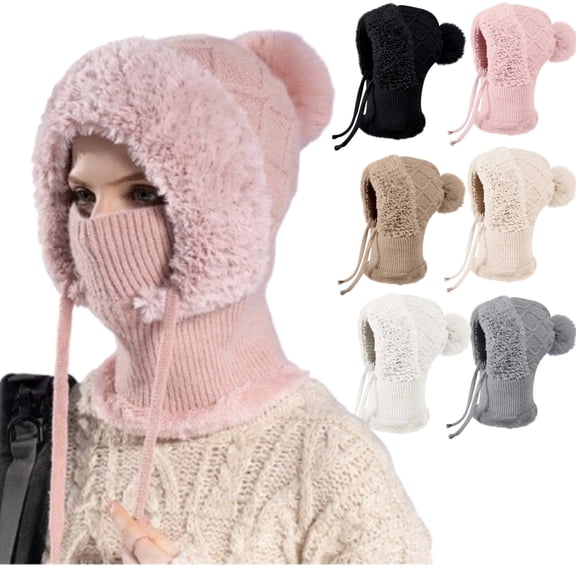 3 in 1 Beanie Hat with Scarf and Mask Plush Fuzzy Winter Hats for Women Cute Fashion ​Windproof Balaclava for Cold Weather,Pink