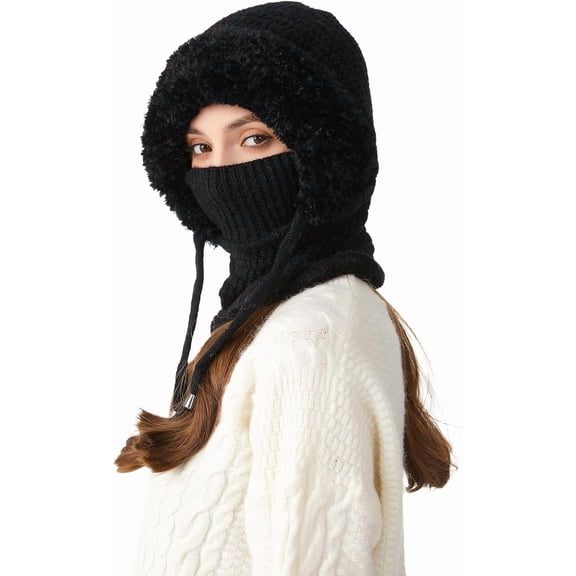 3 in 1 Beanie Hat with Scarf and Mask, Sherpa Hood Knitted Ski Scarf and Mask Hooded with Pompom, Windproof Warm Hat