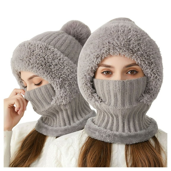 3 in 1 Beanie Hat with Scarf and Mask, Upgrade Women's Knitted Ski Hat, Winter Cold Resistant Hat Face Mask Hooded Scarf