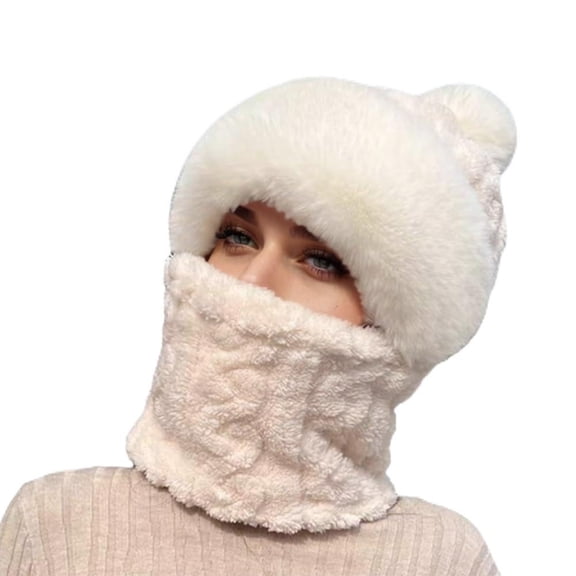 3 in 1 Beanie Hat with Scarf and Mask, Upgraded 3-in-1 Warm Lined Winter Windproof Warmth Balaclava for Women Beige One Size