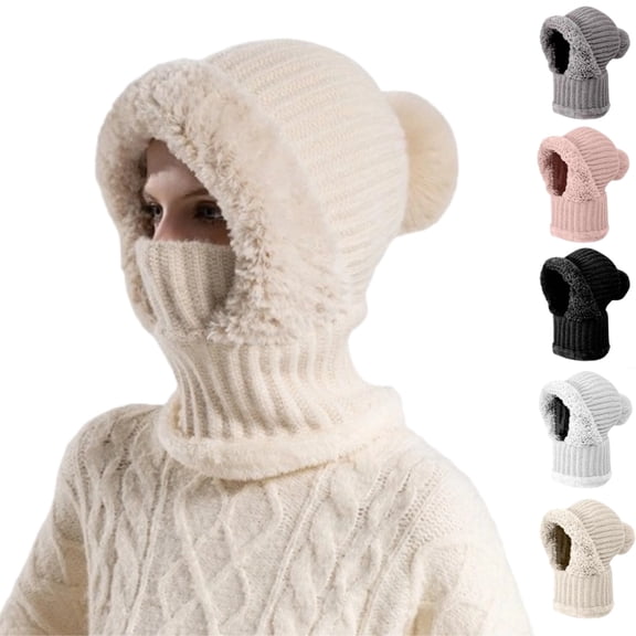 3 in 1 Beanie Hat with Scarf and Mask, Windproof Beanie Hat for Women, Warm Winter Knitted Balaclava Hats for Outdoor,Beige