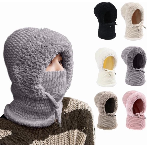 3 in 1 Beanie Hat with Scarf and Mask, Windproof Hooded Scarf Warm Knitted Balaclava Face Cover for Winter Outdoor Activities