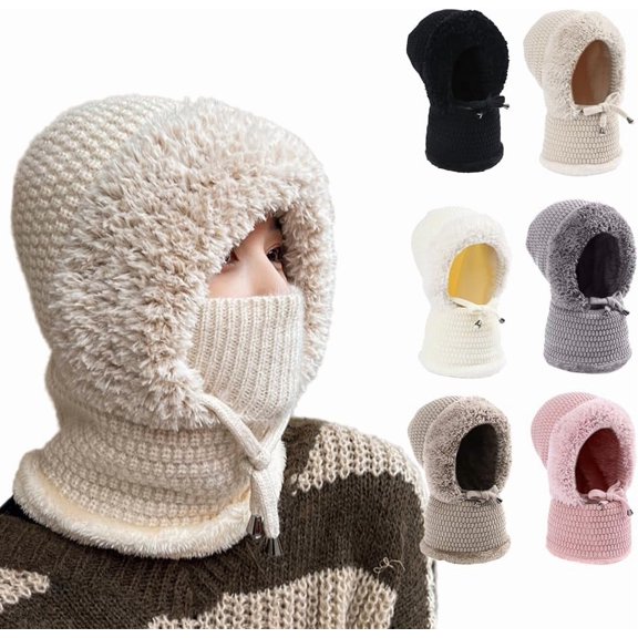 3 in 1 Beanie Hat with Scarf and Mask, Windproof Hooded Scarf Warm Knitted Balaclava Face Cover for Winter Outdoor Activities