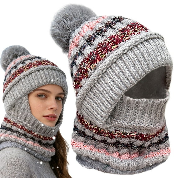 3 in 1 Beanie Hat with Scarf and Mask,Winter Hats for Women Thermal Fleece Hoodie Balaclava Face Masks Knitted Ski Mask Set(Grey)