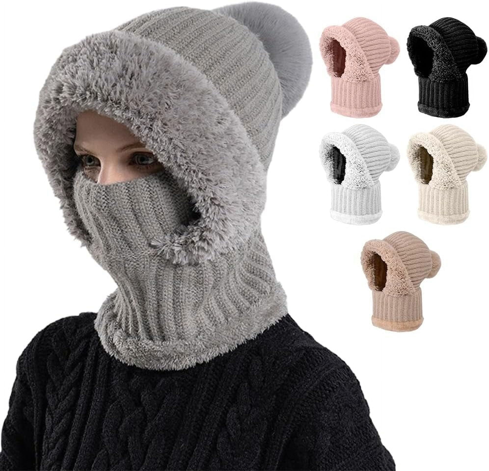 3 in 1 Beanie Hat with Scarf and Mask, Winter Warm Knitted Balaclava, Windproof Plush Lined Cold Weather Hat for Skiing Outdoor Activities Daily Use