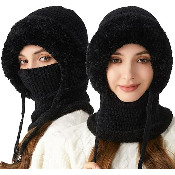 3 in 1 Beanie Hat with Scarf and Mask, Women Outdoors Windproof Scarf Hat, Coldproof Ski Face Mask(Black)