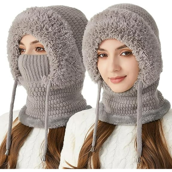 3 in 1 Beanie Hat with Scarf and Mask, Women Outdoors Windproof Scarf Hat, Coldproof Ski Face Mask(Gray)