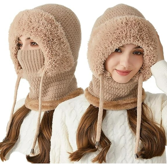 3 in 1 Beanie Hat with Scarf and Mask, Women Outdoors Windproof Scarf Hat, Coldproof Ski Face Mask(Khaki)