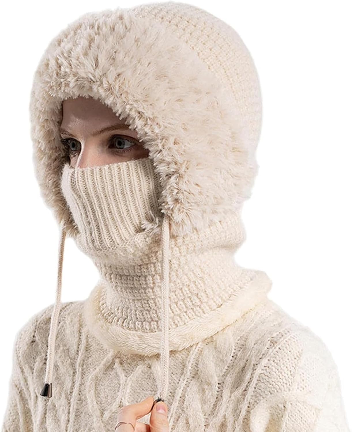 3 in 1 Beanie Hat with Scarf and Mask, Women Outdoors Windproof Scarf Hat, Winter Fleece Ski Balaclava