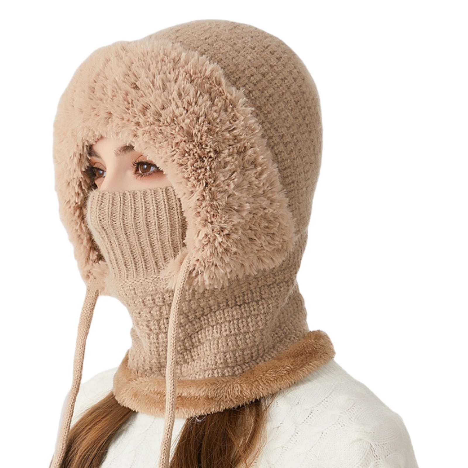 3 in 1 Beanie Hat with Scarf and Mask, Women Outdoors Windproof Scarf Hat, Winter Fleece Ski Balaclava