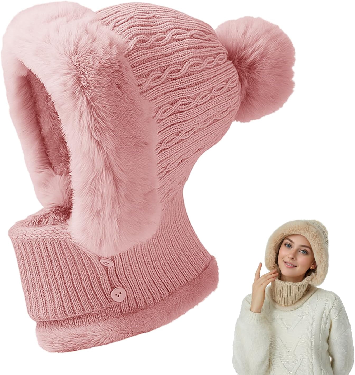 3 in 1 Beanie Hat with Scarf and Mask for Women, Winter Hat Scarf Set Fleece Lined, Hooded Scarf Hat for Ski Hiking Commuting Snow Caps