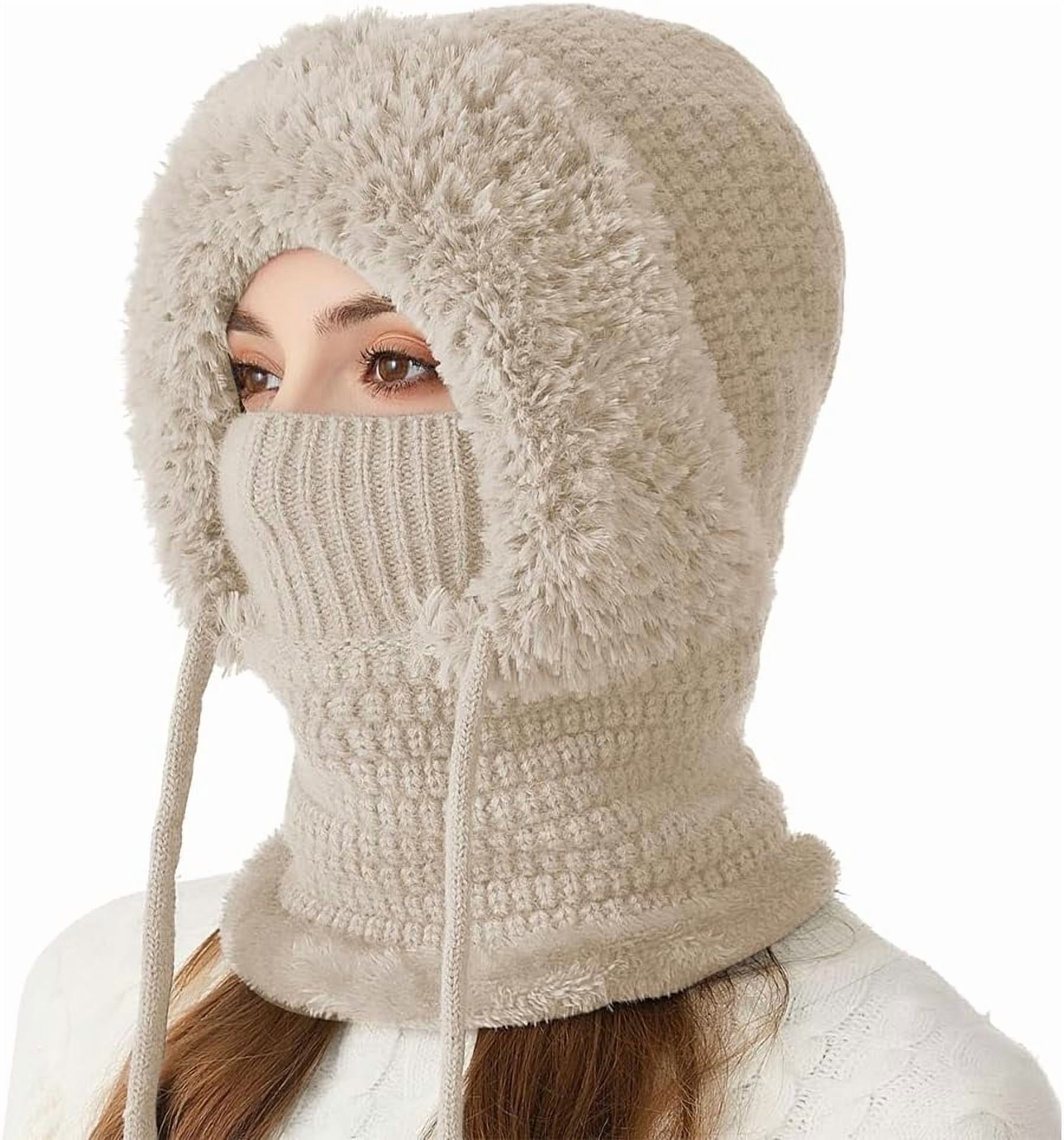 3 in 1 Beanie Hat with Scarf and Mask for Women, Winter Hat Scarf Set Fleece Lined, Hooded Scarf Hat for Ski Hiking Commuting Snow Caps