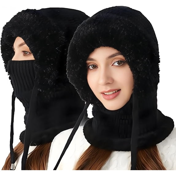 3 in 1 Beanie Hat with Scarf and Mask for Women, Women's Outdoors Windproof Plush-Lined Warm Hat