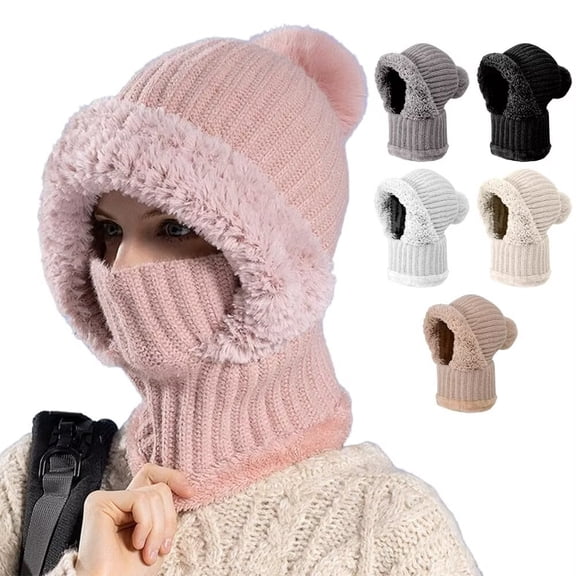 3 in 1 Beanie Women Knitted Hat in Autumn and Winter, Warm Winter Pom Hat for Cold Weather. (Pink)