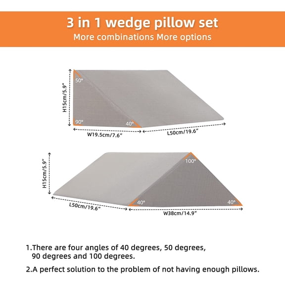 3-in-1 Bed Wedge Pillows Set for Positioning, 40 Degree Angle Support for Elderly Surgery Back Pain Side Sleeping Grey