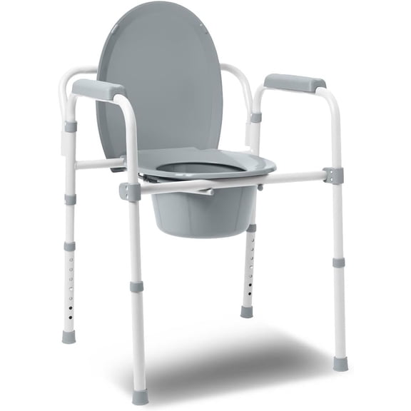 3in1 Bedside Commode Chair, Elongated Seat, Steel Folding Frame, 7.5 QT Bucket, 350 Lb Weight Capacity, ClipOn Toilet Seat, ToolFree Assembly, Bathroom Safety Aid for Seniors