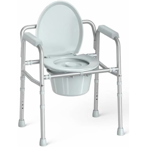 3-in-1 Bedside Commode Chair with Sturdy Dual-Crossbar Support Construction, Stable Portable Commode Toilet with 7.5Qt Potty Bucket, 350 Lbs Bedside Commodes for Seniors, Silver
