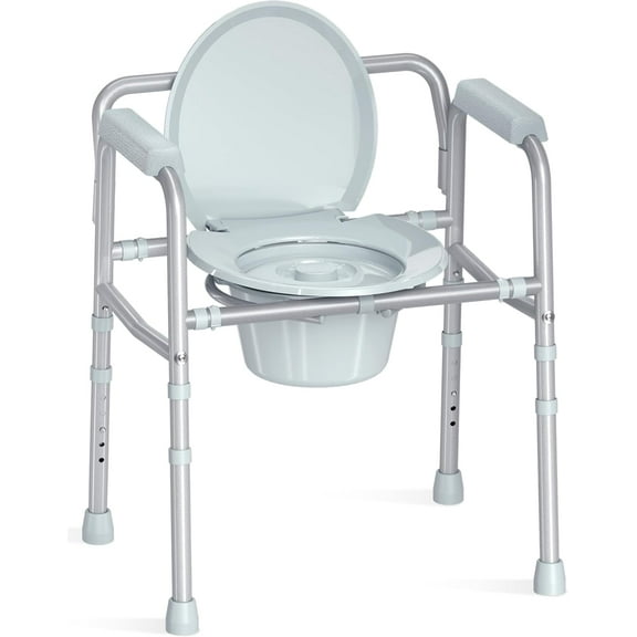3-in-1 Bedside Commode Chair with Sturdy Dual-Crossbar Support Construction, Stable Portable Commode Toilet with 7.5Qt Potty Bucket, 350 Lbs Bedside Commodes for Seniors, Silver