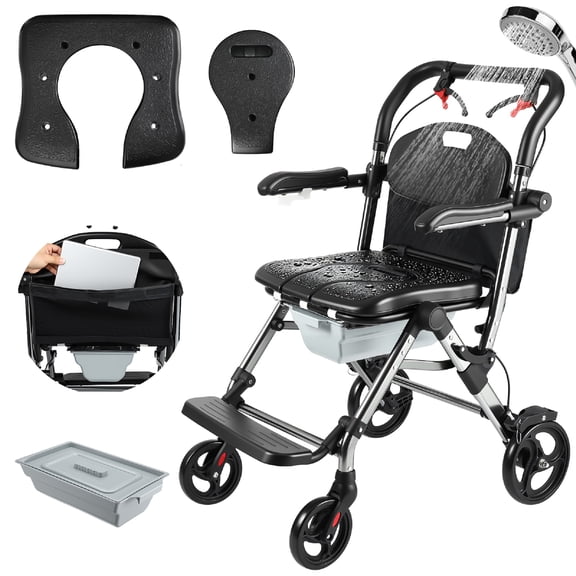 3-in-1 Bedside Commode Shower Wheelchair, Commode Chair for Toilet with Arms, Lockable Wheels, Detachable Bucket
