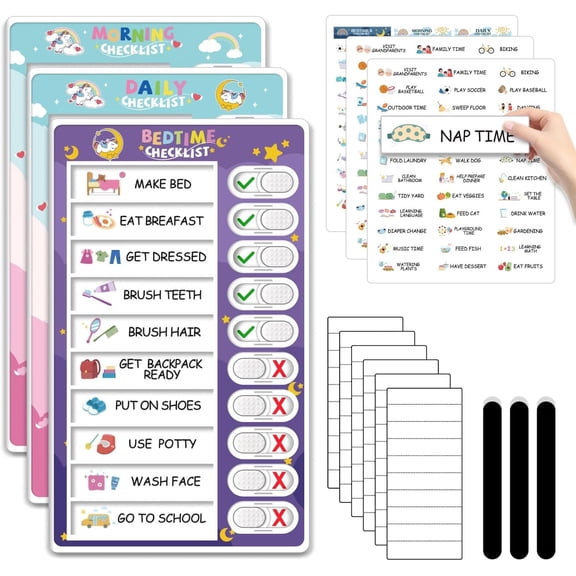 3 in 1 Bedtime/Morning/Daily Routine Chart for Kids, Magnetic Chore Kid, Visual Schedule Kid Toddlers