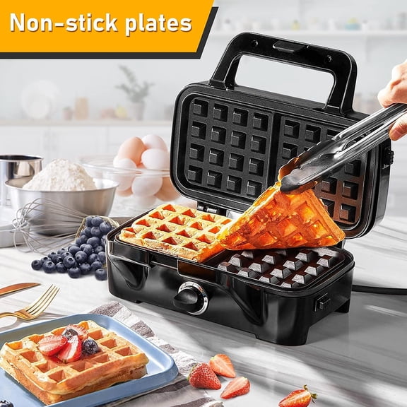 3-in-1 Belgian Waffle Maker 1200W, Breakfast Sandwich Maker & Waffle Iron with Removable Nonstick Plates, 5-Gear Temperature Control, Cool Touch Handle, Easy to Clean for Family Breakfast