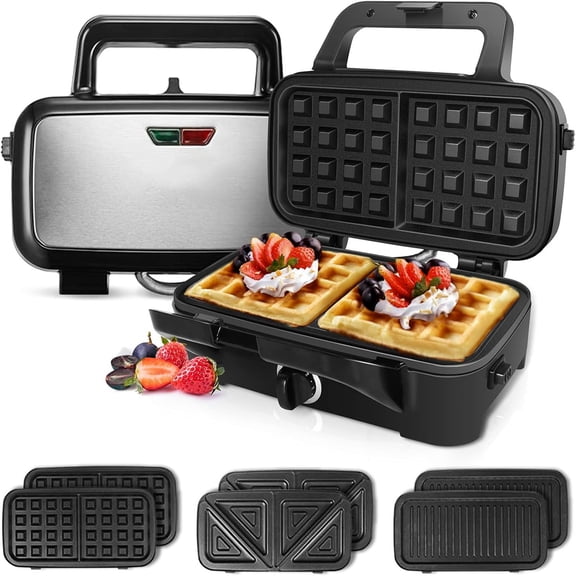 3-in-1 Belgian Waffle Maker 1200W, Stainless Steel Waffle Iron & Sandwich Press with Removable Nonstick Plates, 5-Gear Temperature Control, Cool Touch Handle, Easy to Clean for Family Breakfast