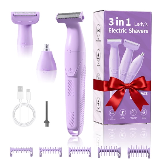 3-in-1 Bikini Trimmer for Women, Rechargeable Pubic Body Hair Trimmer Electric Shaver for Legs Body Hair, Bikini Shaver IPX6 Waterproof,USB Charge