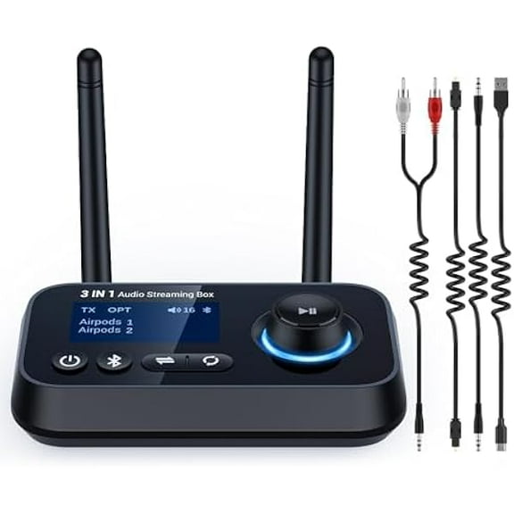 3-in-1 Bluetooth 5.3 Transmitter Receiver for Tv/Home Stereo/Old Speakers/Wireless Headphones Long Range Bluetooth Audio Adapter Dual Link Low Latency Screen Display Optical/Aux/RCA