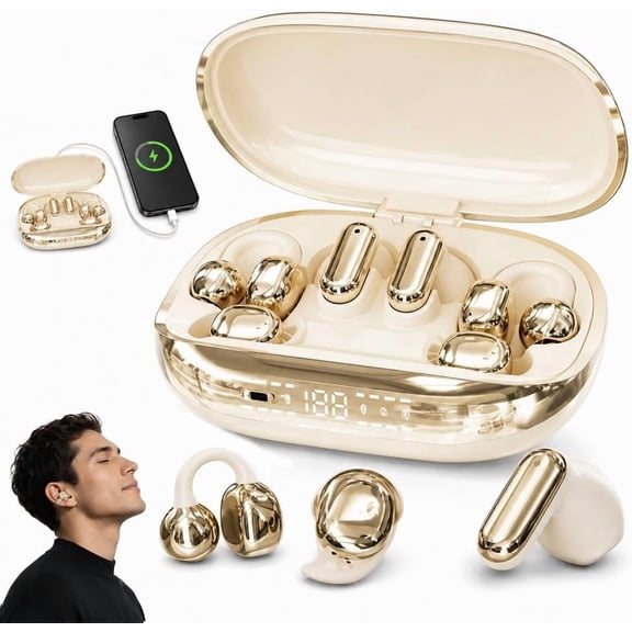 3-in-1 Bluetooth Wireless Earbuds with Chargeable Power Bank Case Interchangeable Clip-On, in-Ear & Sleep Earphones, APP EQ, LED Display, Low Latency Headphones for Sports and Travel(Gold)