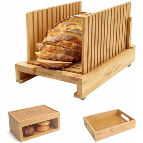 3-in-1 Bread Slicer set for Homemade Bread with Storage Box and Bread Serving Tray for Homemade Bread - Upgrade Bamboo Wooden Bread Slicer Kit - Adjustable Width, Crumb Tray, Cloth Bags