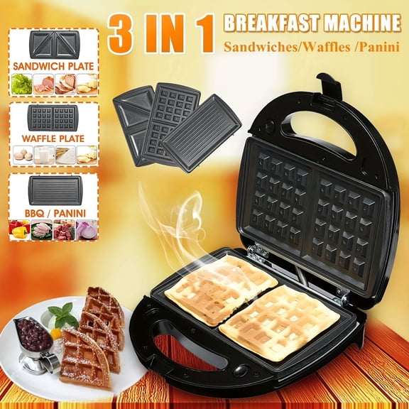 3-in-1 Breakfast Machine for Sandwiches, Panini, Waffles, and Grilling with Interchangeable Plates, Quick and Easy Variety Breakfast Maker