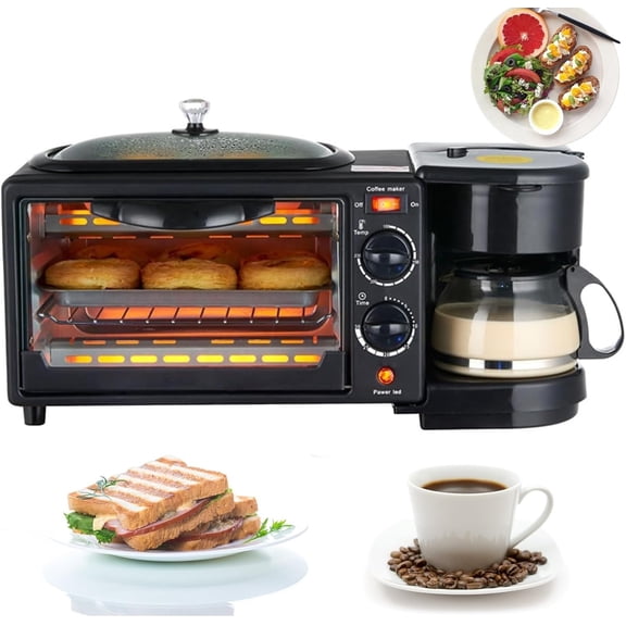 3-in-1 Breakfast Maker Station,Portable Oven Breakfast Maker With Coffee Machine,Non-Stick Pan,Versatile Breakfast Maker, Toaster Oven With 30-Min Timer,for Apartments Kitchenettes
