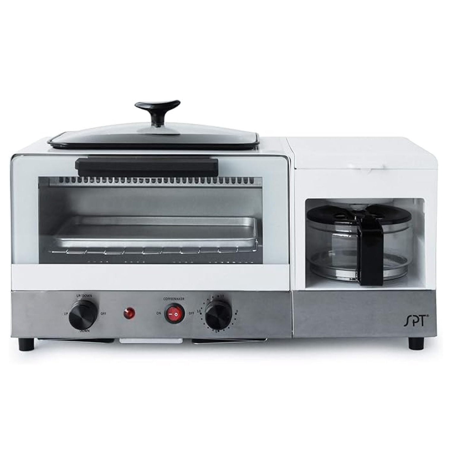3-in-1 Breakfast Maker - Toaster Oven, Coffee Maker & Griddle - Stainless Steel & White - Compact Kitchen Appliance for Dorms, RVs, & Small Spaces